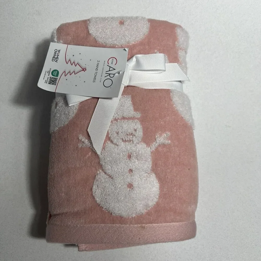 Snowman Pink White Winter‎ Plush Bathroom Hand Towels 2 Pack Caro Home Frosty